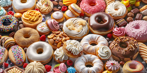 Doughnuts delicious and sweet baked goods food tasty caloric fast food obesity dough products. 