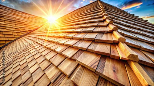 Sunlit wooden shingle roof with clear skies.