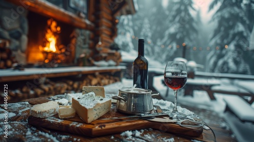 A cozy cabin retreat with a pot of steaming mulled wine and a platter of artisanal cheeses.
