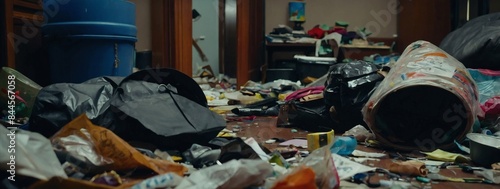 An untidy room littered with garbage.