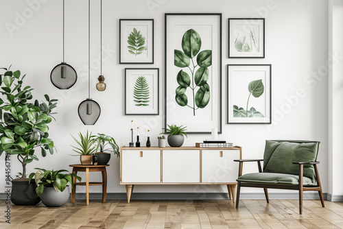 A stylish living room featuring black-framed plant prints, white furniture, and green plants, creating a calm and natural atmosphere