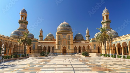 The grand palace's domes and mosaics gleamed under the blue sky, captivating all with timeless elegance.
