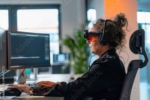 A person with a visual impairment using assistive technology such as a screen reader or Braille display in a supportive office environment