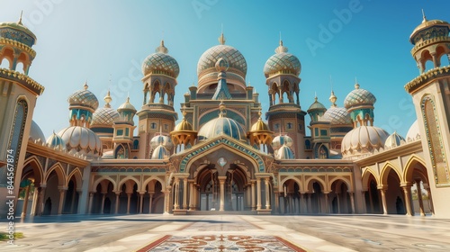 A grand palace with majestic domes and intricate mosaics stands under a clear blue sky, showcasing its beauty.