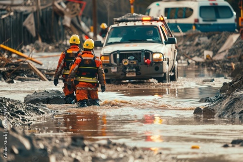 Emergency response teams in action at the scene of a natural disaster flood with rescue equipment