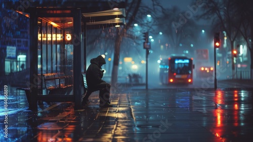 A solitary figure sits under the illumination of a bus stop on a wet, reflective street at night, with city lights and a bus in the background