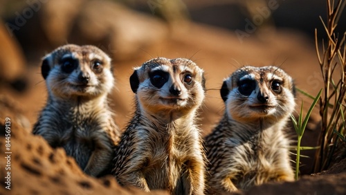 family of meerkats huddled together in their burrow systems