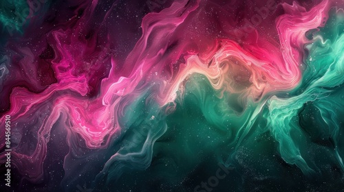 A dynamic, psychedelic gradient featuring neon pink and green, flowing with white highlights on a dark grainy background.
