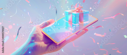hand holding a gift box emerging from a smartphone screen essence of gift e commerce and online shopping