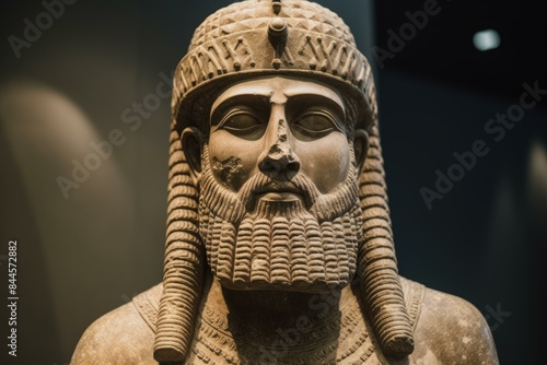 Monumental Sumerian god sculpture. Archeology ancient civilization Assyria carved deity. Generate ai