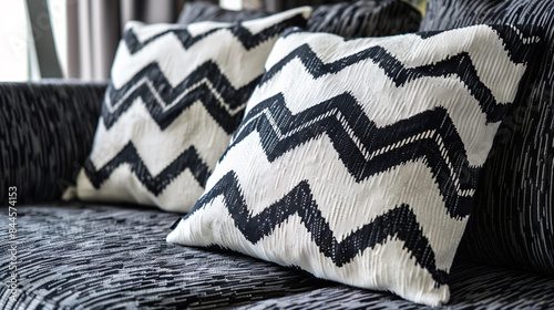 Chevron pattern on upholstery fabric, sharp zigzags in monochrome for modern interiors