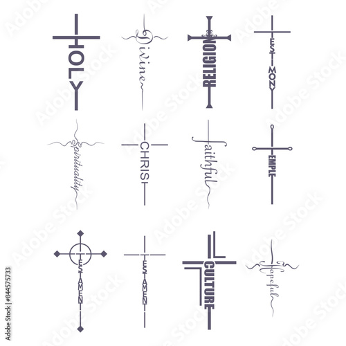 Christian religion words in the shape of a cross. Christian, religious and church typography concept.