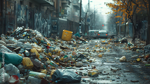 A city street littered with trash and debris, evoking a sense of urban neglect and environmental issues.