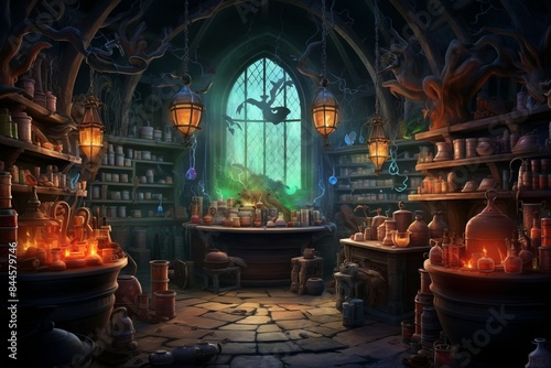 A background of a witch’s potion room filled with bubbling cauldrons, shelves of spell books, potion bottles, and eerie green lighting, magical and spooky