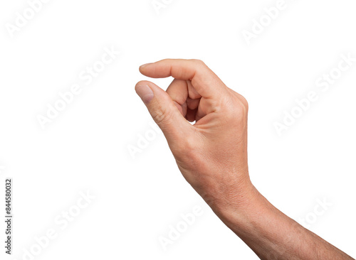 Hand holding a little bit of something, isolated on white background. Gesture indicating a pinch or small grasp, ideal for interaction and communication concepts. Close up view, transparent PNG