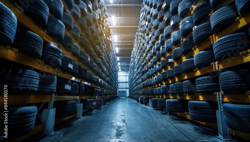 A warehouse interior blurred with rows of neatly organized tires for privacy