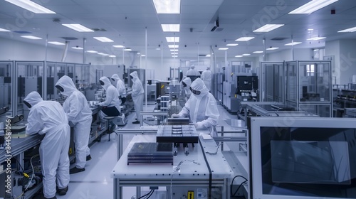 A pristine cleanroom for microelectronics features staff in bunny suits working with silicon wafers and machines.