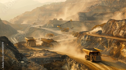 A large-scale mining operation depicts heavy-duty trucks and machinery amidst dust and rugged terrain, possibly extracting valuable minerals