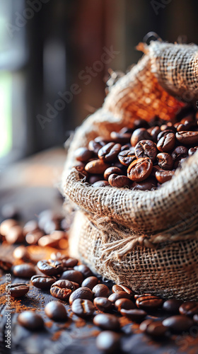 Close-up of rustic coffee sack and seans composition.