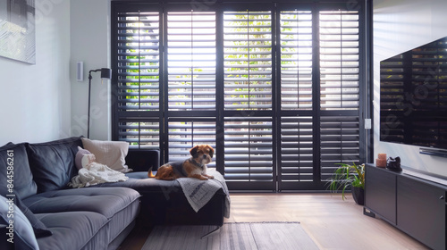 Plantation shutter fitted in a modern lounge. The window has horizontal black wooden blinds. Blinds as an option for protection from excessive sunlight.