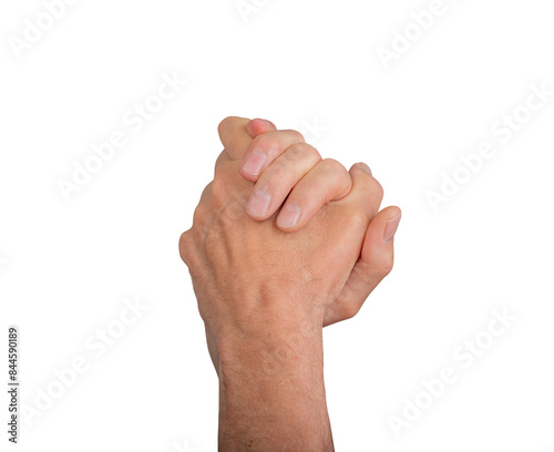 Two clasped hands with interlocked fingers, symbolizing unity and support. Isolated on white background, showing gesture of togetherness and strength. Ideal for concepts of love,, transparent PNG