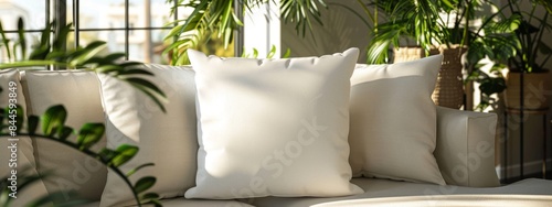 cozy background with a blank white square pillow on sofa