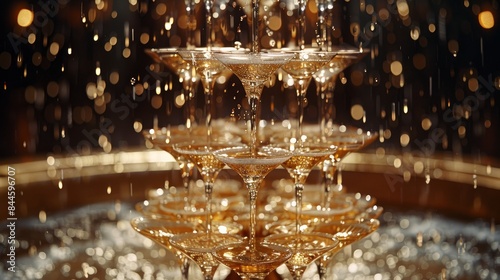 A sparkling champagne tower, elegantly pouring golden streams into crystal flutes at a glamorous soirÃ©e. 