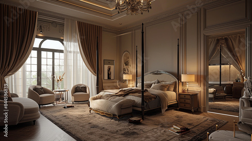 A sophisticated and luxurious master bedroom with a four-poster bed