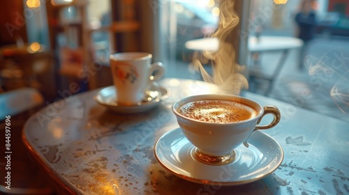 A steaming cup of rich, aromatic espresso served in a quaint cafÃ© in Paris. 