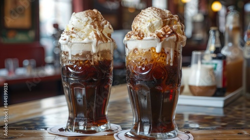 A vintage soda fountain dispensing fizzy root beer floats topped with creamy vanilla ice cream. 