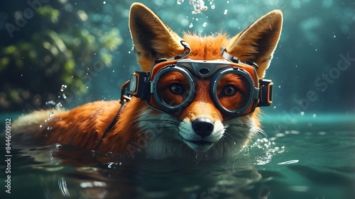 A Fox with diving goggles dives in the water. Surreal fun concept of nature, animals and summer. Generative AI.