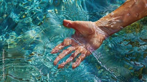 aqua symphony hand dipping into shimmering water capturing the harmonious interplay of touch and texture