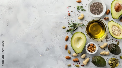 assorted healthy fats food selection with avocado nuts seeds and olive oil blank space for text