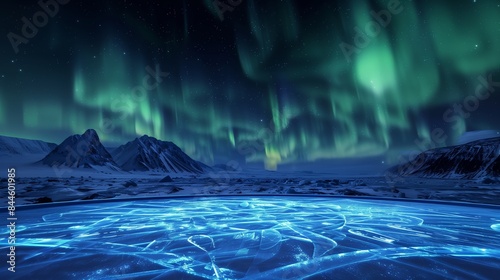 A pristine ice rink gleams under the northern lights, ice skates etching mesmerizing patterns.
