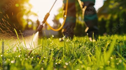 closeup of worker spraying pesticide on green lawn for pest control yard maintenance service