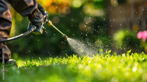 closeup of worker spraying pesticide on green lawn for pest control yard maintenance service