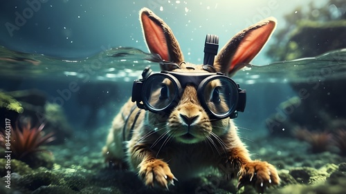 A Rabbit with diving goggles dives in the water. Surreal fun concept of nature, animals and summer. Generative AI.