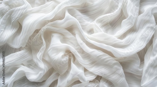 crumpled white linen fabric texture background with copy space top view