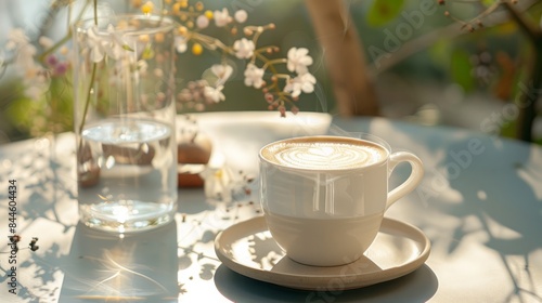 A cup of cappuccino and a glass of water on a table outdoor