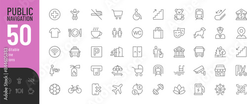Public Navigation Line Editable Icons set. Vector illustration in modern thin line style of basic icons related to public places: shopping mall, park, toilet, and other. 