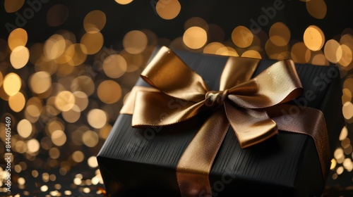 elegant black gift box with luxurious golden ribbon and bow festive bokeh background