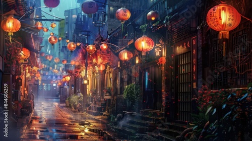 enchanting chinatown alleyway illuminated by vibrant hanging lanterns atmospheric urban scene digital painting