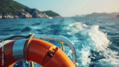 Lifebuoy attached to the back of a boat with a blurred background of ocean waves and an island conveying a message of leisure and tranquility