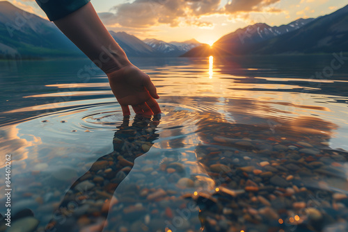 A close-up shot of a person’s hand dipping their toes in a clear, serene lake at sunset, with mountains in the background 