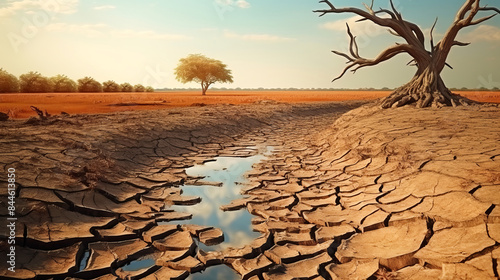 Drought. Desert landscape with cracked soil and drying up stream. Global ecology concept.
