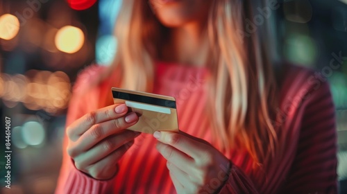 Close-up shot capturing the elegant posture of a woman's hand as she holds a credit card, highlighting its association with luxury and prestige in an upscale composition.