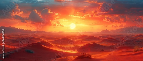 A dramatic desert landscape with rolling dunes and a dramatic sunset in the background. 