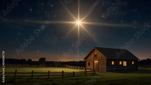 Star of Bethlehem from the Bible story in New Testament symbolizing Jesus’ birth shining brilliantly in the night sky. The star is extraordinarily bright, casting a long, shimmering tail Bible story