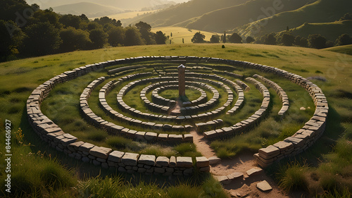 A mesmerizing portrayal of an ancient stone labyrinth amidst rolling hills, invoking contemplation, mystery, and the timeless wisdom of biblical truth