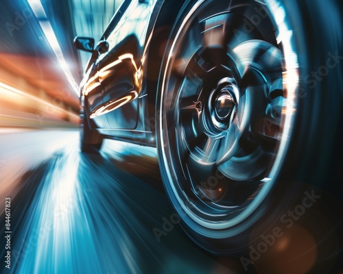 A car speeds down a highway, blurred by motion, with the focus on the tire and wheel. The light trails create a sense of speed and energy.